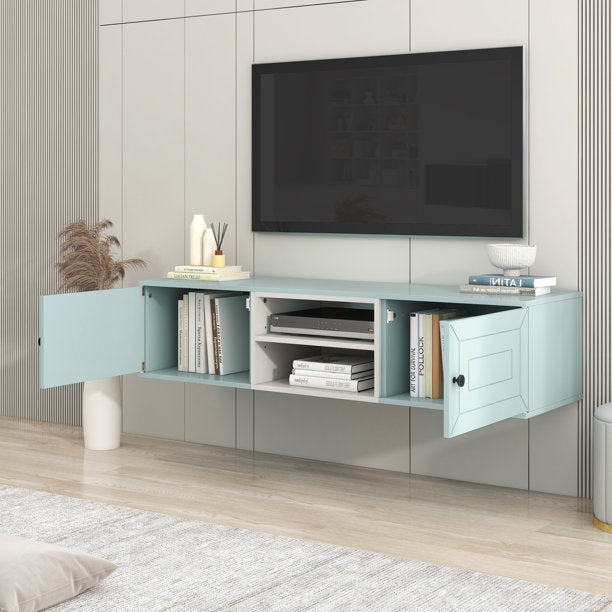 EUROCO Wall Mounted Floating TV Stand Up to 65” with 3 Levels Adjustable shelves & Magnetic Cabinet Door,& Cable Management