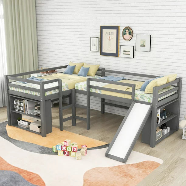 Twin L-Shaped Low Loft Bed with Movable Two-Tier Shelves for Kids, Gray