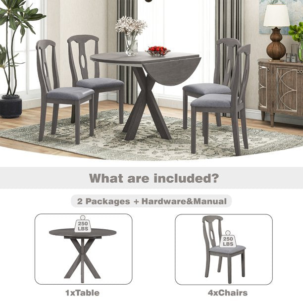 EUROCO 42.1" 5-Piece Wood Round Dining Table with Drop Leaf, Farmhouse Small Dining Table Set with 4 Padded Dining Chairs,Grey