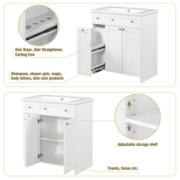 EUROCO 30" Bathroom vanity with Sink Top,Combo Cabinet Undermount Sink,Bathroom Storage Cabinet vanities,White