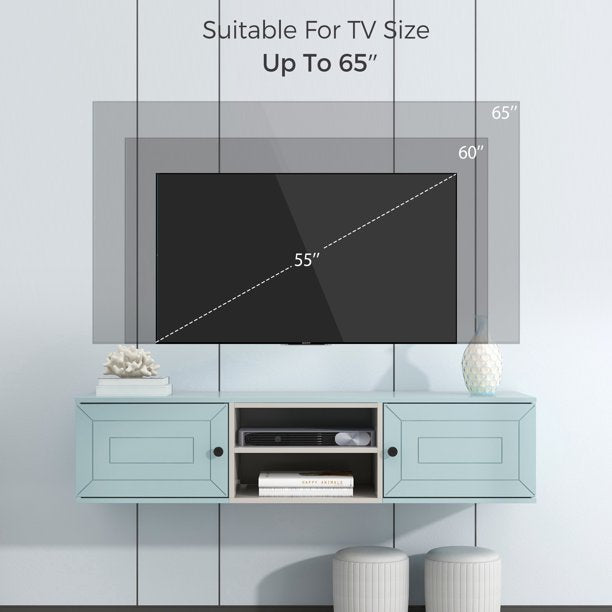 EUROCO Wall Mounted Floating TV Stand Up to 65” with 3 Levels Adjustable shelves & Magnetic Cabinet Door,& Cable Management