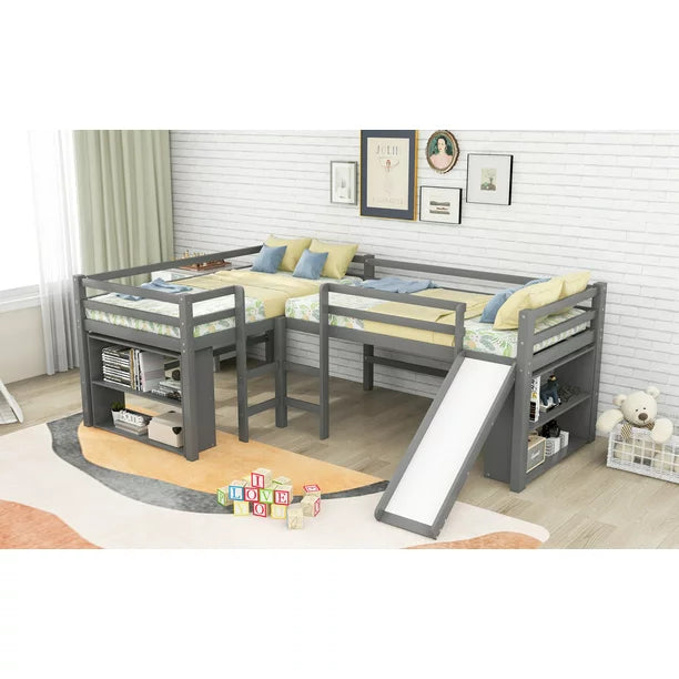Twin L-Shaped Low Loft Bed with Movable Two-Tier Shelves for Kids, Gray