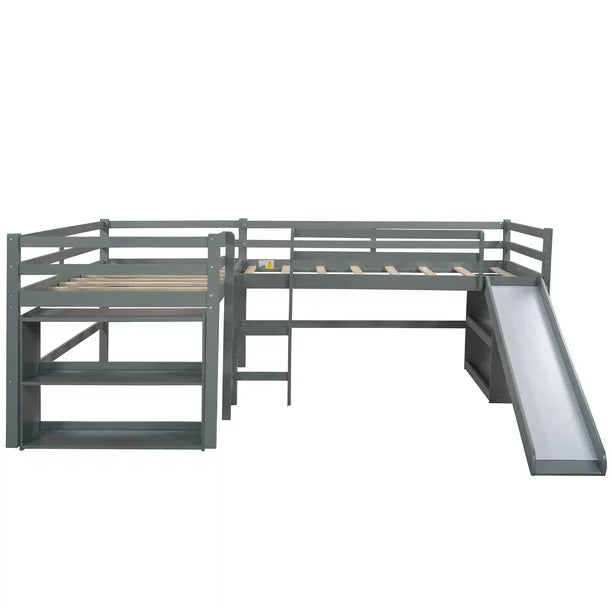 Twin L-Shaped Low Loft Bed with Movable Two-Tier Shelves for Kids, Gray