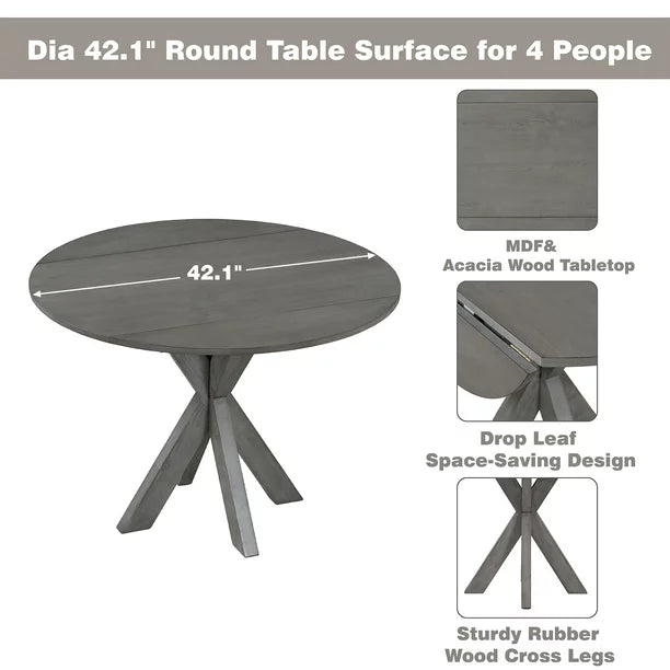EUROCO 42.1" 5-Piece Wood Round Dining Table with Drop Leaf, Farmhouse Small Dining Table Set with 4 Padded Dining Chairs,Grey