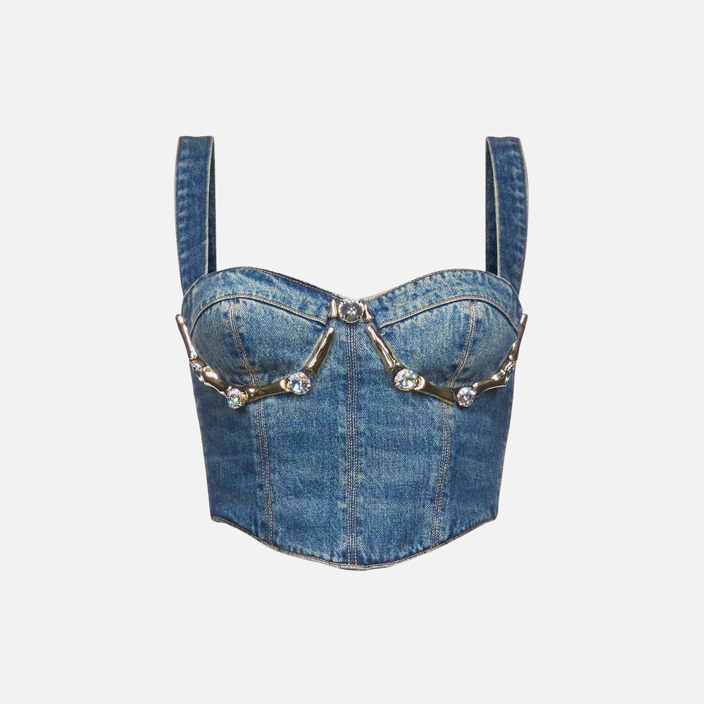 Area Crystal Claw Denim Bustier - Vintage Indigo