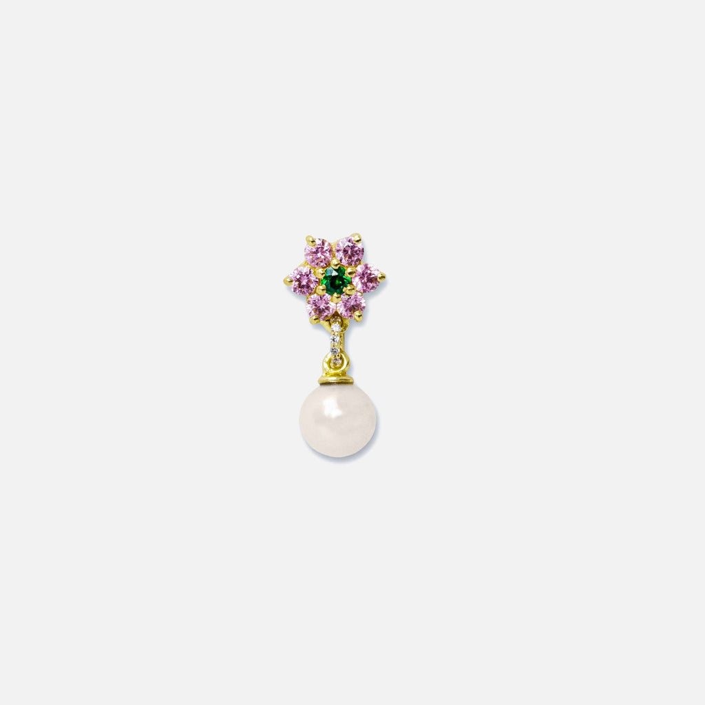 VEERT Pink & Green Flower Freshwater Pearl Earrings - Yellow Gold