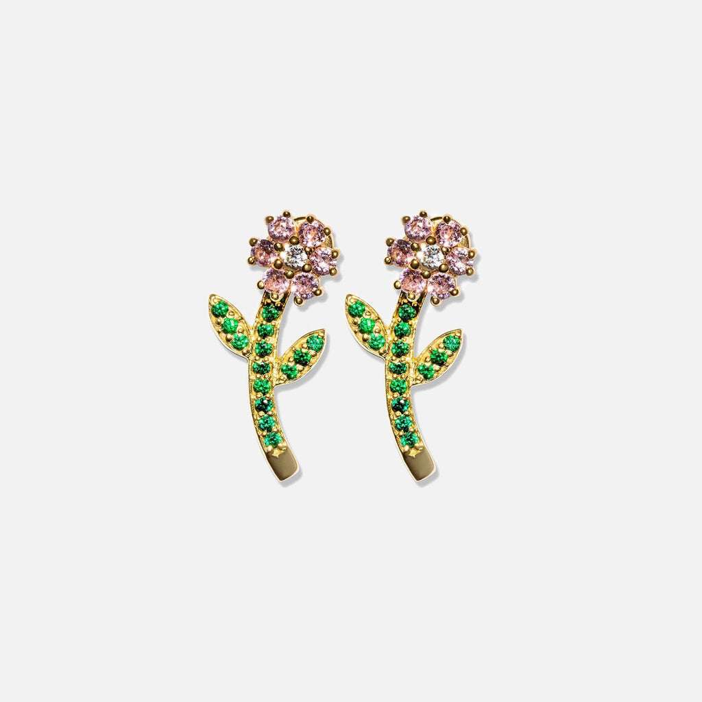 VEERT Pink & Green Flower Studs - Yellow Gold