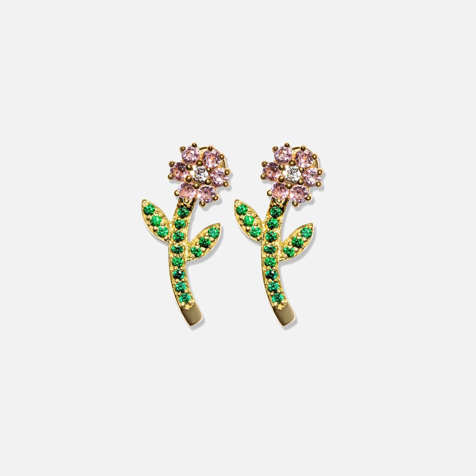VEERT Pink & Green Flower Studs - Yellow Gold