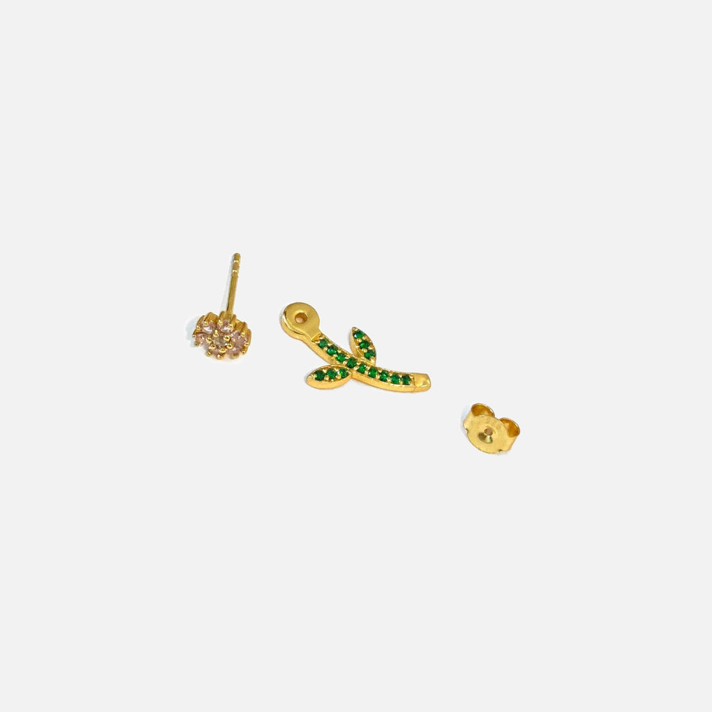 VEERT Pink & Green Flower Studs - Yellow Gold